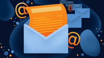 An open envelope with an orange letter emerging from it, surrounded by various email icons and abstract shapes in a dark background.