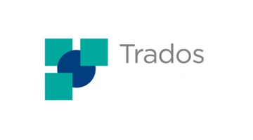 Logo mit einer Kombination aus türkisfarbenen und blauen geometrischen Formen, mit dem Wort "Trados" in grauer Schrift rechts daneben.