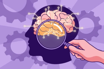 A silhouette of a head with a brain highlighted, examined through a magnifying glass, surrounded by gears and circuit-like lines.
