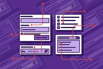 User interface elements including text fields, checkboxes, and buttons, connected by arrows on a purple background.