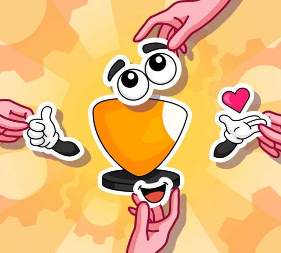 Cartoon-Trophäenfigur umgeben von Händen, die Daumen hoch und ein Herzzeichen geben, vor einem Hintergrund mit Zahnradmuster.