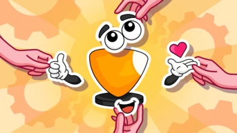 Cartoon trophy character surrounded by hands giving thumbs up and a heart gesture, set against a gear-patterned background.