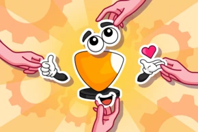 Cartoon-Trophäenfigur umgeben von Händen, die Daumen hoch und ein Herzzeichen geben, vor einem Hintergrund mit Zahnradmuster.