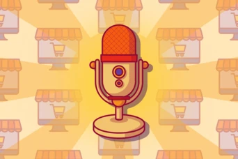 Retro microphone illustration with a shopping cart icon in the background, symbolizing e-commerce or online shopping.