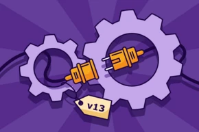 Two interlocking gears with a disconnected electrical plug and a tag labeled "v13" on a purple background.
