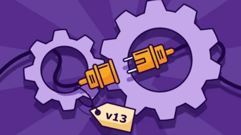 Two interlocking gears with a disconnected electrical plug and a tag labeled "v13" on a purple background.