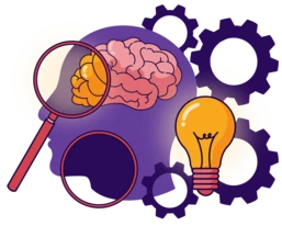 A brain illustration with a magnifying glass, a light bulb, and gears, symbolizing creativity, analysis, and problem-solving.