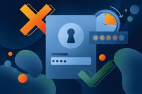 Limited logins A digital illustration featuring a password entry interface with a lock symbol, a clock, and indicators for password strength, including a checkmark and crosses, set against an abstract background.