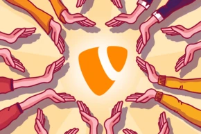 Multiple hands reach towards a central orange logo, symbolizing collaboration and support.