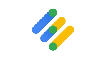 Three elongated shapes in blue, green, and yellow arranged in a staggered pattern, resembling a stylized logo.