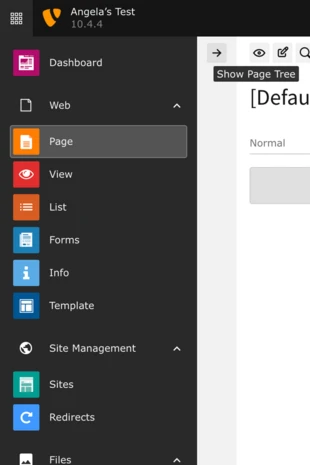 Sidebar menu displaying various options including Dashboard, Web, Page, View, List, Forms, Info, Template, Site Management, Sites, Redirects, and Files, with a header indicating "Angela's Test" and version "10.4.4."