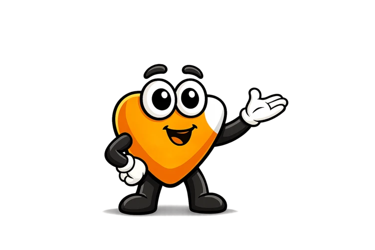 Cartoon character resembling a heart, with large eyes and a smiling expression, gesturing with one hand.