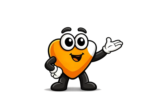 Cartoon character resembling a heart, with large eyes and a smiling expression, gesturing with one hand.