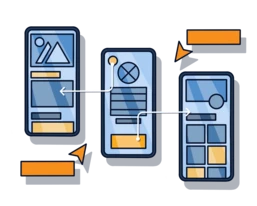 Drei mobile Benutzeroberflächen sind dargestellt, die durch Pfeile verbunden sind. Jede Oberfläche zeigt unterschiedliche Layouts und Elemente, darunter Bilder, Schaltflächen und Textfelder, um einen Designprozess zu veranschaulichen.