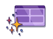 Purple computer window with multiple sections and sparkling effects around it, suggesting a modern or enhanced interface.