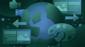 A stylized globe is surrounded by icons representing social media engagement, content creation, and inquiry, including thumbs up, arrows, and a question mark, all set against a dark, abstract background.