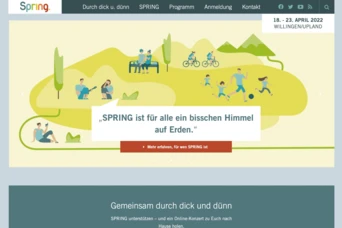 Bunte Illustration, die Menschen zeigt, die an verschiedenen Outdoor-Aktivitäten teilnehmen, wie Radfahren, Fußballspielen und einem Picknick in einer malerischen Landschaft mit Bergen und Bäumen. Der Text hebt das FRÜHLINGSFEST und seine inklusive Natur hervor.