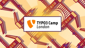Logo für das TYPO3 Camp London, mit stilisierten Illustrationen ikonischer Londoner Wahrzeichen im Hintergrund.