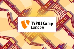 Logo für das TYPO3 Camp London, mit stilisierten Illustrationen ikonischer Londoner Wahrzeichen im Hintergrund.