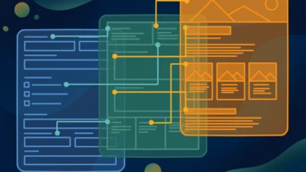 Three overlapping digital documents in blue, green, and orange, featuring various layouts and design elements, with connecting lines indicating relationships or flow between them. The background is a dark gradient with abstract shapes.