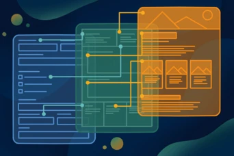Drei überlappende digitale Dokumente in Blau, Grün und Orange, die verschiedene Layouts und Designelemente aufweisen, mit verbindenden Linien, die Beziehungen oder Abläufe zwischen ihnen anzeigen. Der Hintergrund ist ein dunkler Farbverlauf mit abstrakten Formen.