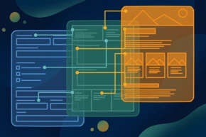 Three overlapping digital documents in blue, green, and orange, featuring various layouts and design elements, with connecting lines indicating relationships or flow between them. The background is a dark gradient with abstract shapes.